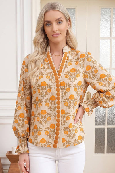 Boho Floral Print Bubble Sleeve Top