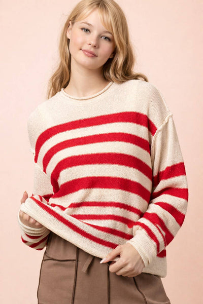 Striped Oversized Sweater Top in Red