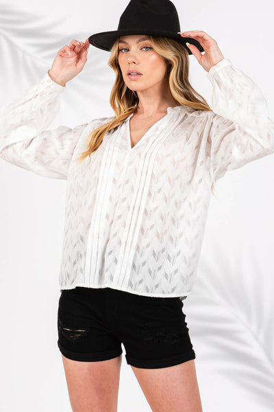 Jacquard V Neck Textured Top in White