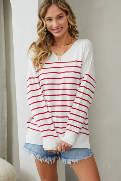 Oversized Striped Sweater in Ivory / Red