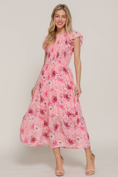 Ruffle Sleeve Smocked Detail Floral Printed Tired Dress
