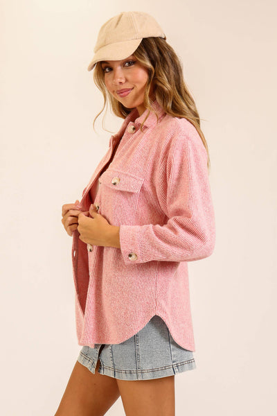 Brushed Waffle Button-Up Shacket in Red