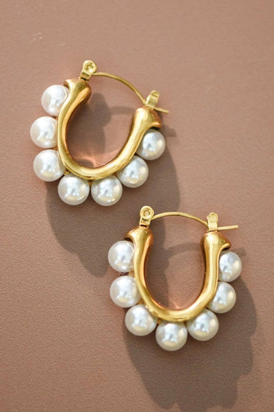 18K Gold Plated Waterproof Stainless Steel Pearl Hoop Earrings