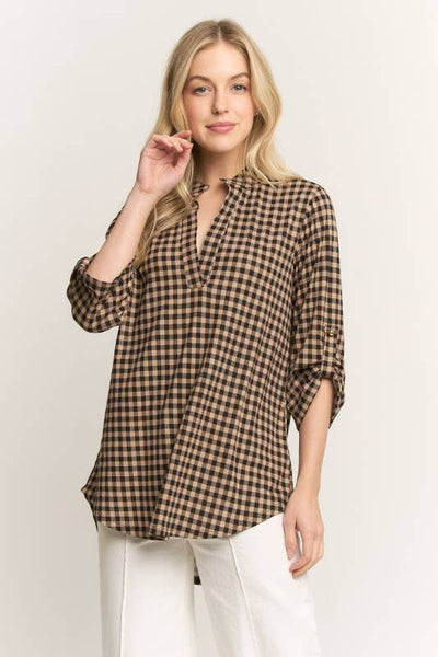 Gingham Checked Three Quarter Sleeve Top
