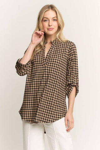 Gingham Checked Three Quarter Sleeve Top