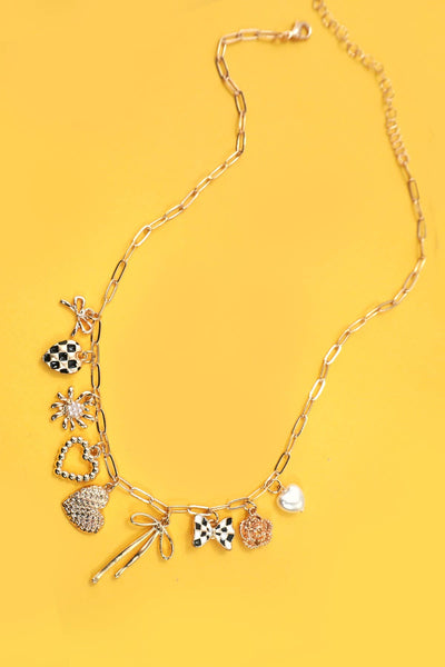 Charm Necklace with Bow, Heart, Flower in Gold