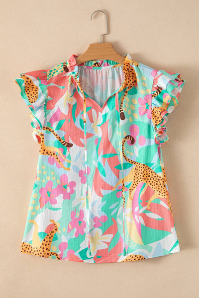 Ruffle Tie Split Neck Floral Top