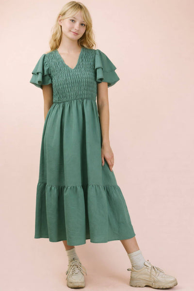 Smocked Ruffle Sleeve Midi Dress in Sage