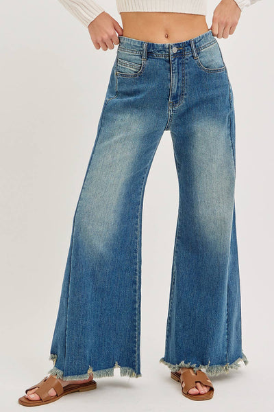 Mid Rise Wide Leg Frayed Hem Denim