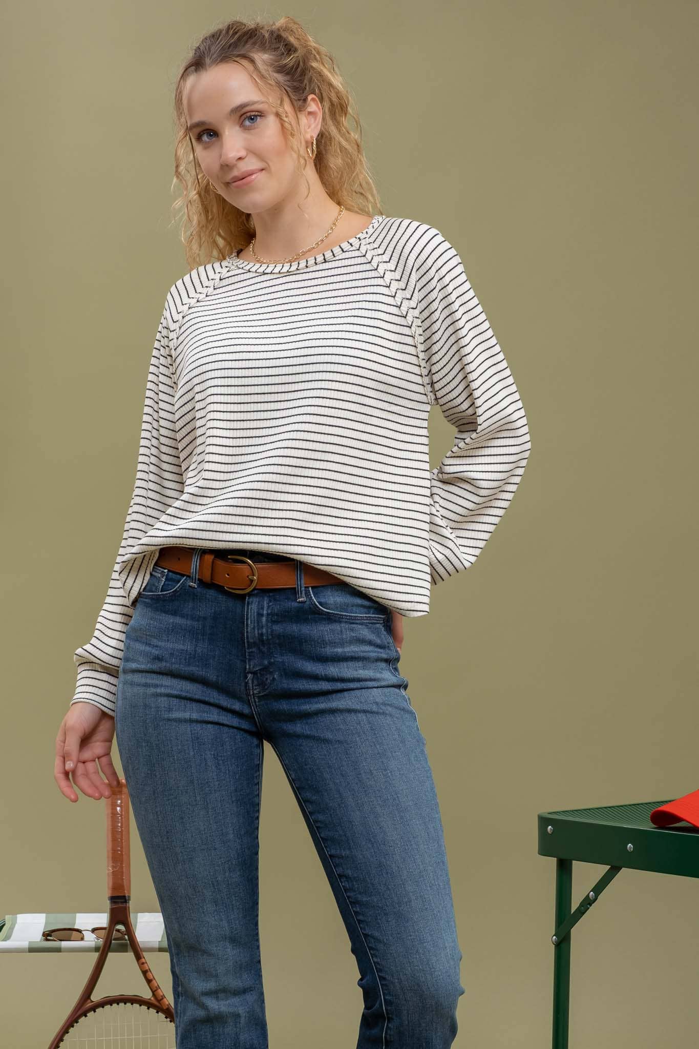 Striped Ragland Sleeve Top in Ivory/Black