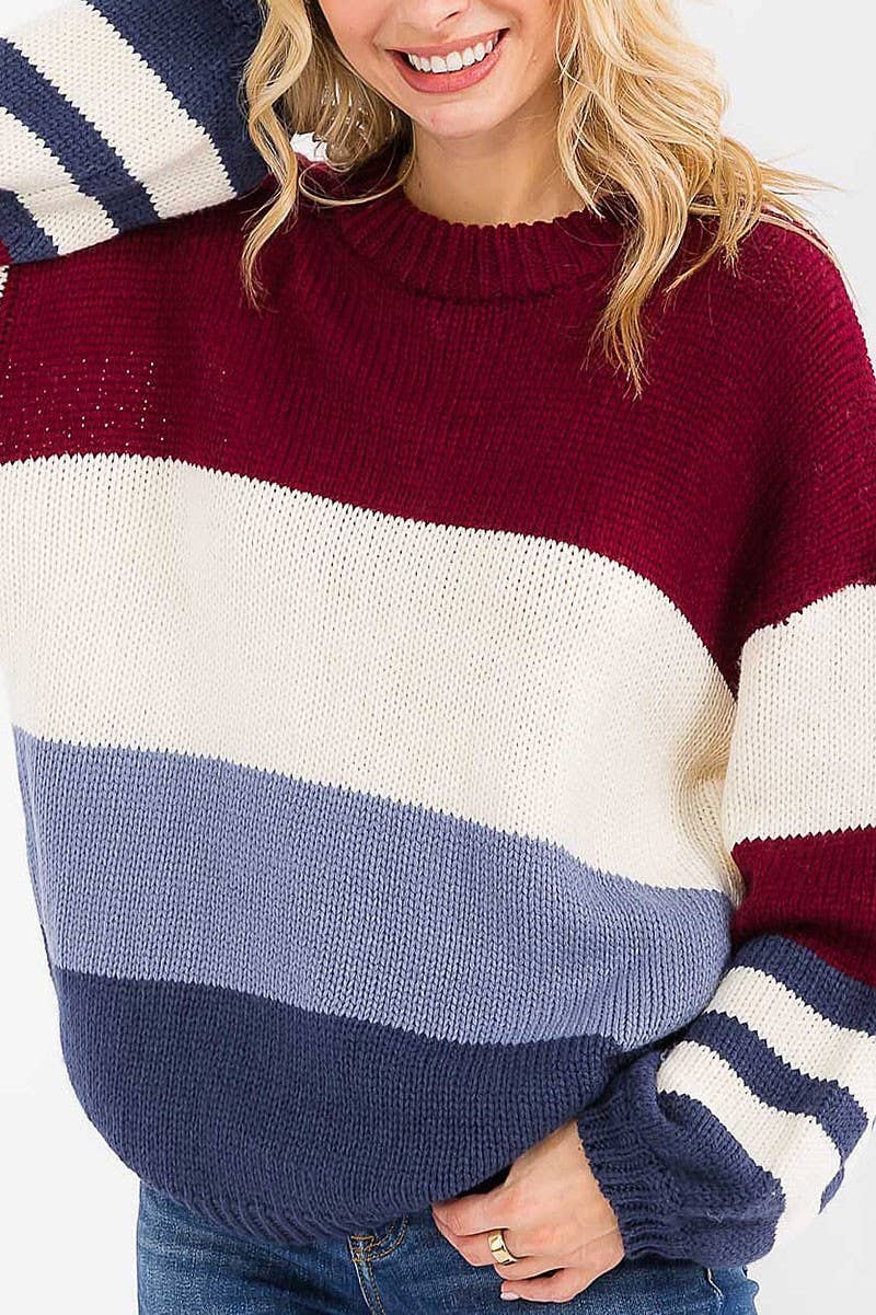 Burgundy Denim Color Block Sweater