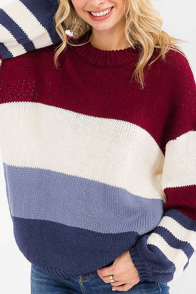Burgundy Denim Color Block Sweater
