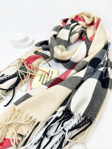 Wool Plaid Cashmere Scarf With Tassel