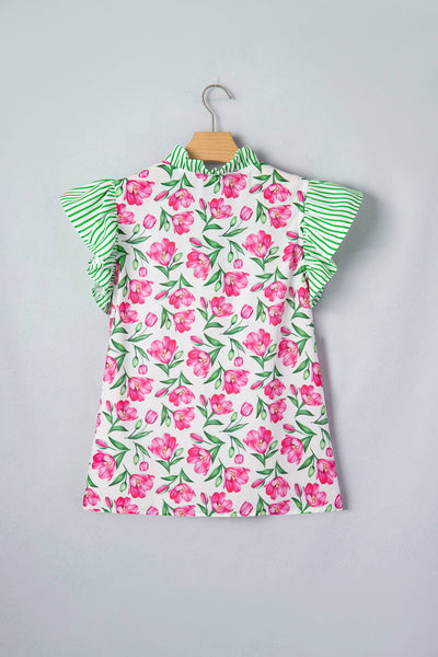 Floral Print Striped Ruffle Trim V Neck Blouse