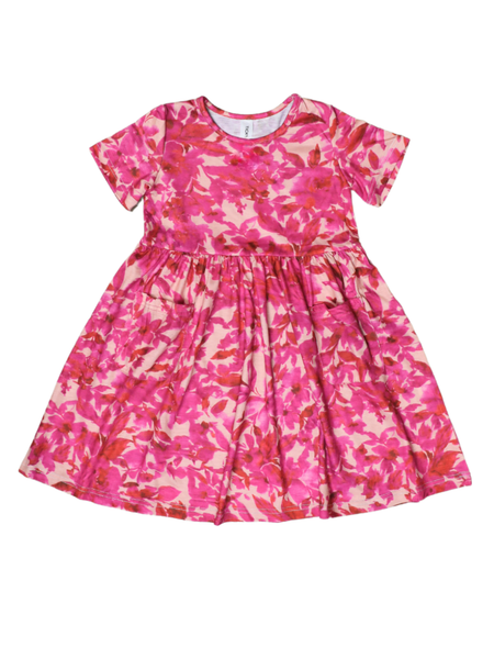 Spring Pattern Little Girls Pocket Dress in Dark Pink Floral