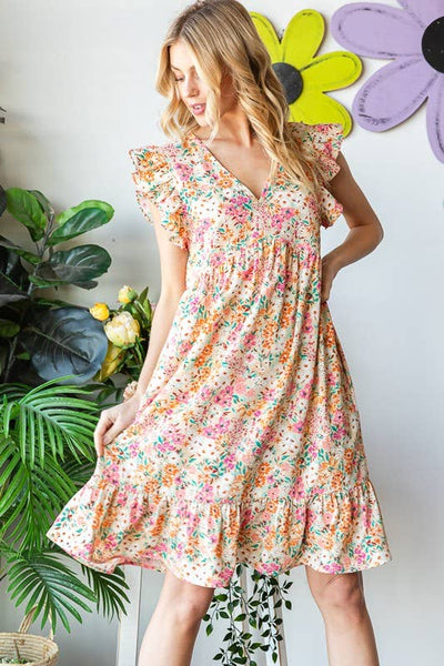 V Neck Floral Dress with Ruffle Sleeve and Pockets