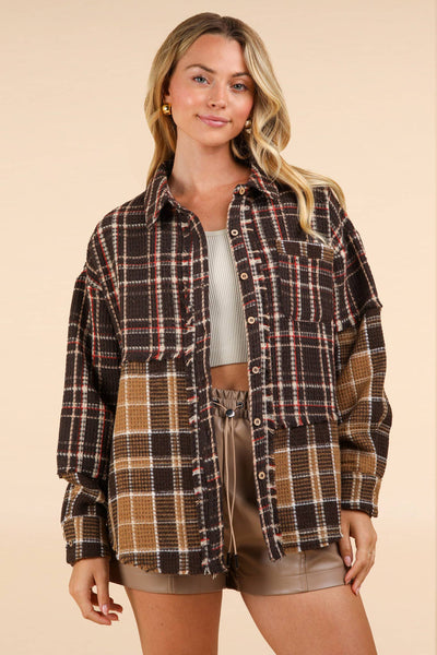 Mixed Plaid Oversized Casual Shacket Jacket