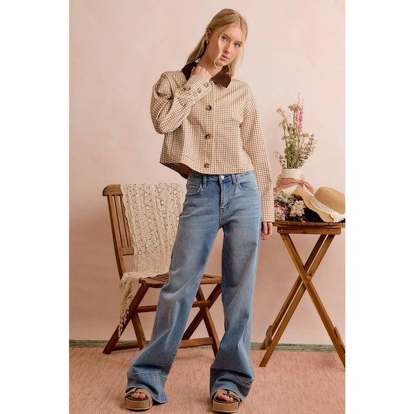 Cropped Gingham Jacket with Corduroy Collar