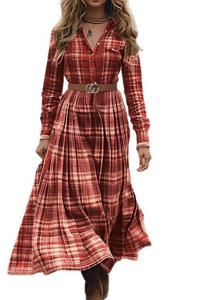 Vintage Plaid V Neck Dress in Red