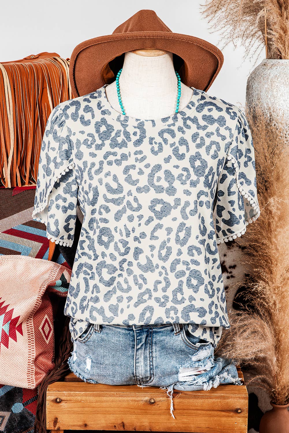 Leopard Lace Trim Petal Sleeve Top