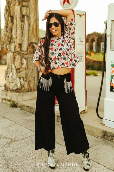 Tummy Control Rhinestone Fringe Crop Wide Leg Jeans