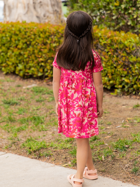 Spring Pattern Little Girls Pocket Dress in Dark Pink Floral