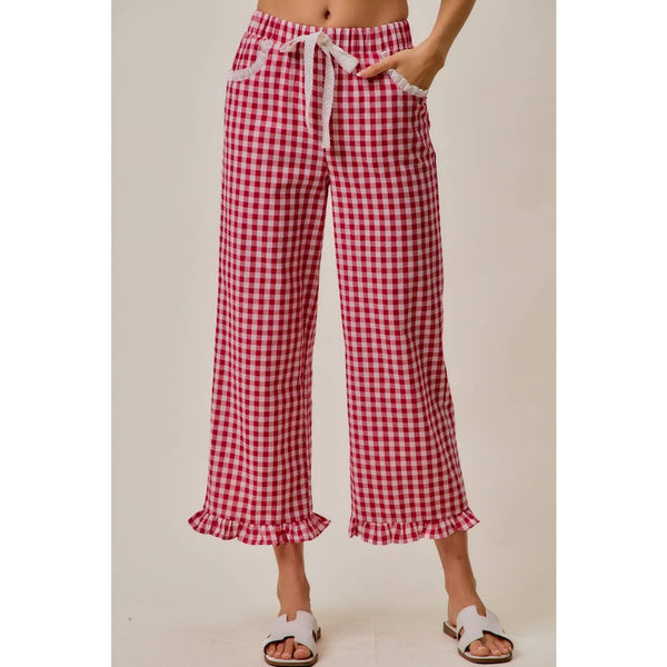 Ruffled Bottom Gingham Pants with Lace Trim in Red