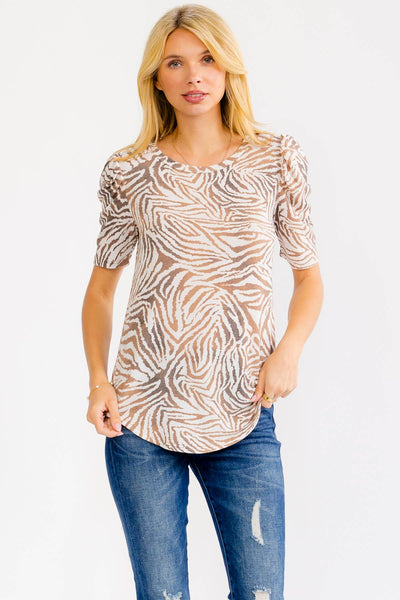 Zebra Puff Sleeve Knit Top in Mocha
