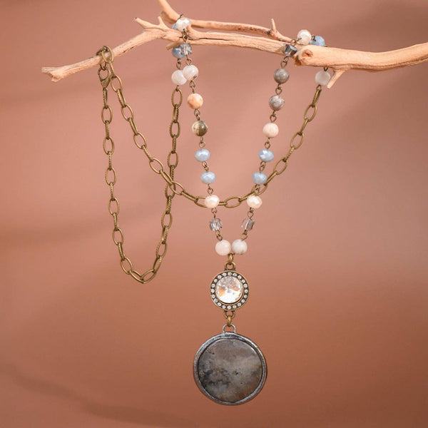 Natural Stone Pendant Beaded Chain Link Necklace
