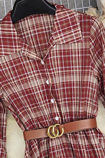 Vintage Plaid V Neck Dress in Red