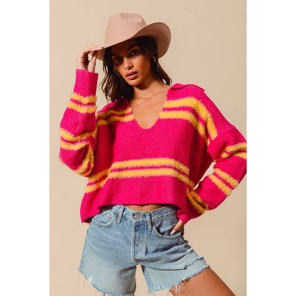 Fuzzy Striped V Neck Sweater in Fuchsia/Lemon Yellow