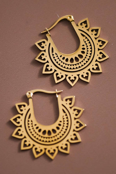 18K Gold PVD Plated Stainless Steel Sunburst Hoop Earrings