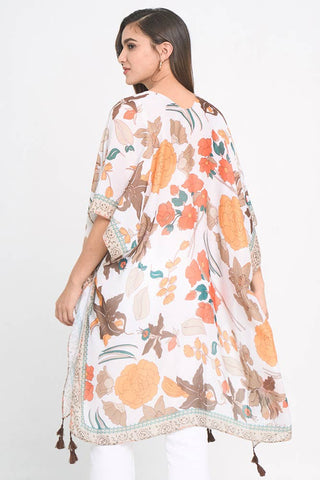 Fall Floral Print Tassel Kimono