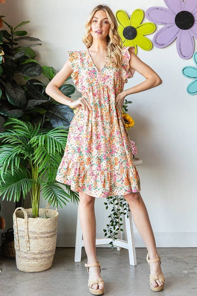 V Neck Floral Dress with Ruffle Sleeve and Pockets