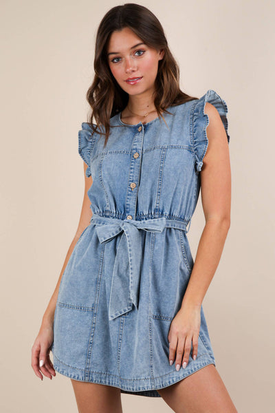 Washed Chambray Ruffle Detail Mini Dress