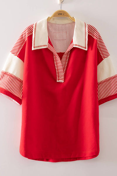 Oversized Half Sleeve Striped Block Top in Red