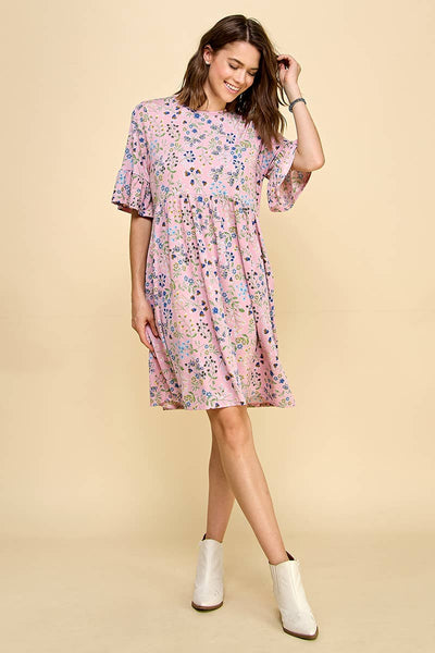 Multi Floral Print Dress with Ruffle Sleeve