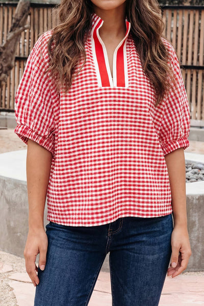 Gingham Short Sleeve Color block Trim Split Neck Top in Red