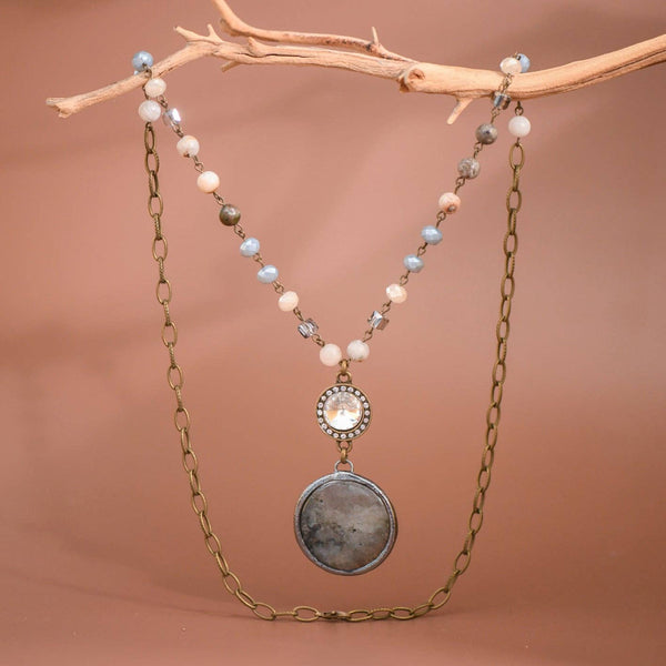 Natural Stone Pendant Beaded Chain Link Necklace