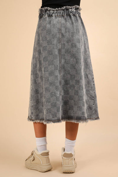 Washed Checkered Denim Midi Skirt