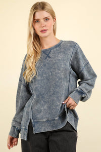 Front Seam Mineral Washed French Terry Oversized Top in Denim