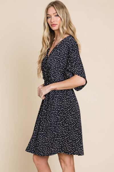 Faux Wrap V Neck Polka Dot Dress