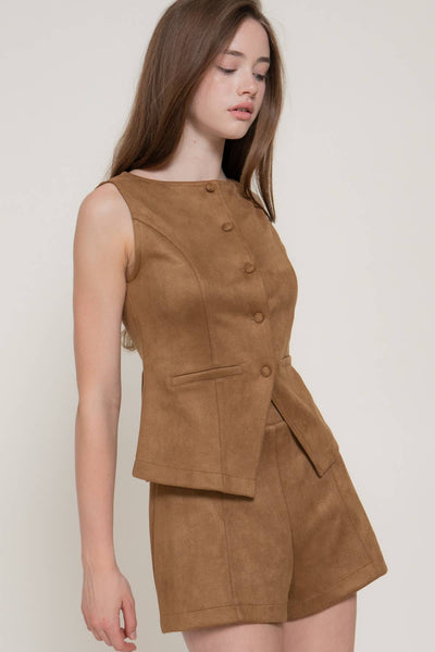 Faux Suede Button Down Vest & Short Set