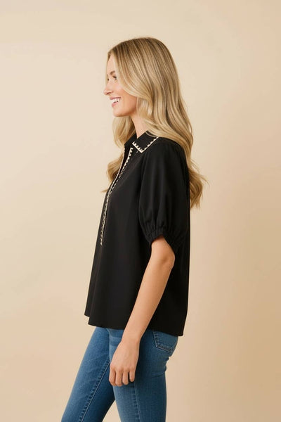Embroidered Trim Puff Sleeve Blouse