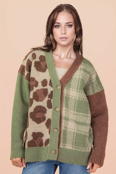 Leopard & Plaid Graphic Knit Sweater Cardigan