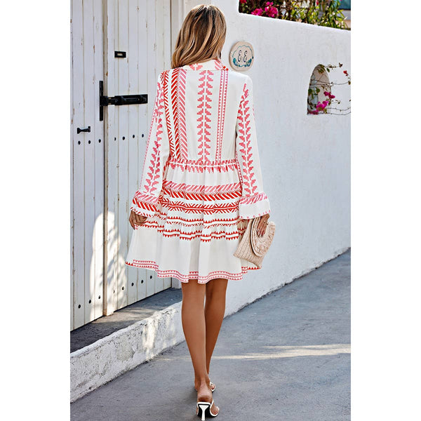 Geometric Printed Bell Ruffle Sleeve Button Dress