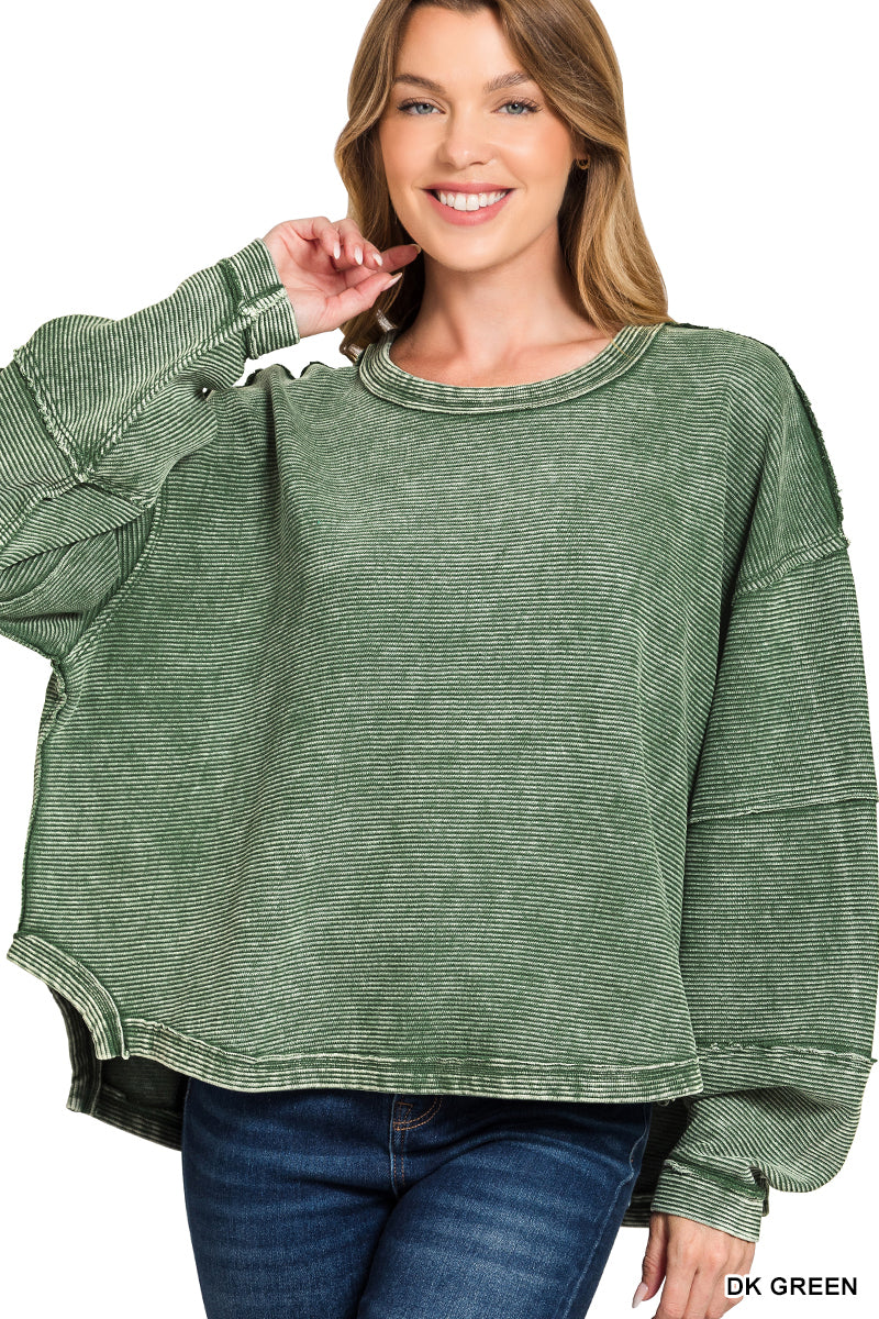 Ribbed Acid Wash Pullover in Dark Green