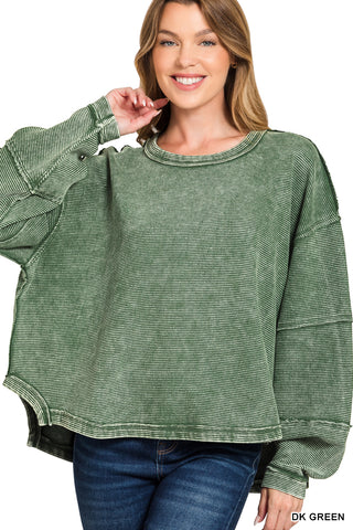 Ribbed Acid Wash Pullover in Dark Green