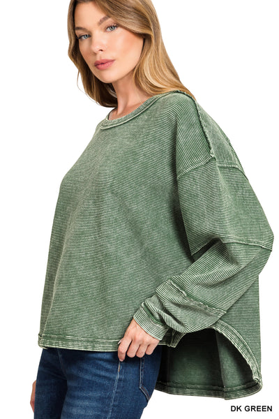 Ribbed Acid Wash Pullover in Dark Green