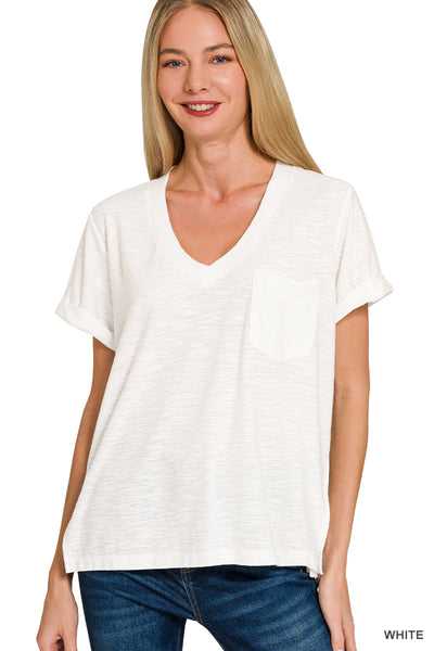 Slub Rolled V Neck Tee in White